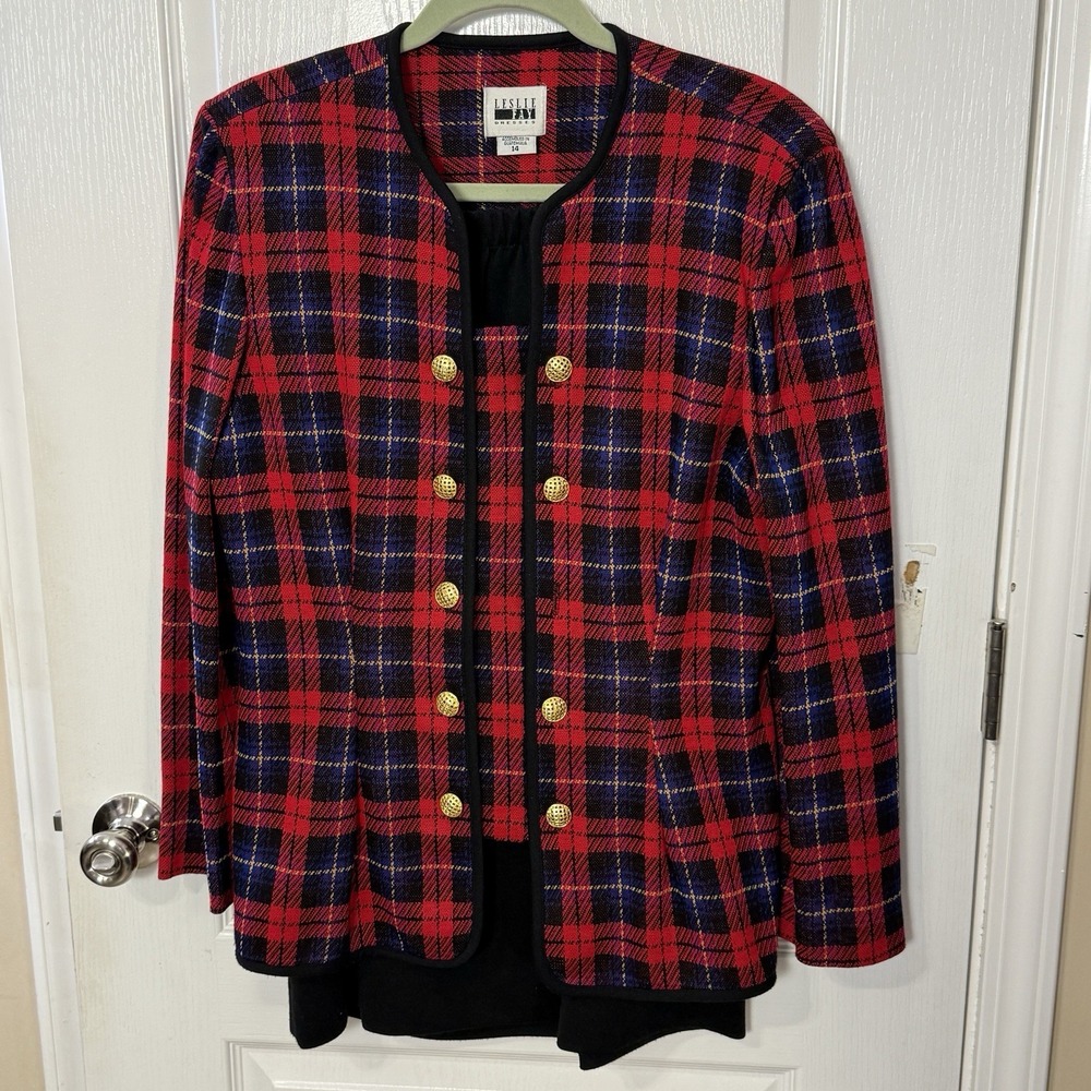 VTG Leslie Fay Women's Jacket And Skirt Red Plaid With‎ Black Size 14